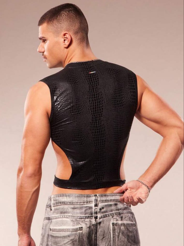 Men's Crew Neck Crocodile Embossed Cut=Out Tank Top